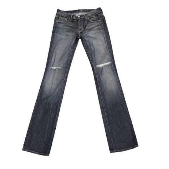 7 For All Mankind Mid-Rise Ripped Knees Straight Jeans - Picture 2 of 6